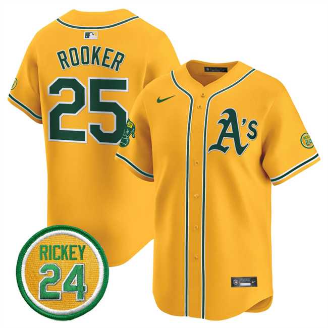 Mens Oakland Athletics #25 Brent Rooker Yellow 2024 Limited With Rickey Henderson Patch Stitched Jersey Dzhi->oakland athletics->MLB Jersey